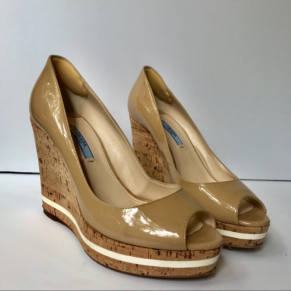 Prada Milano Nude Peep Toe Wedges Size 38/8 - Picture 7 of 8